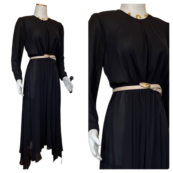 OSCAR DE LA RENTA Vintage Sheer Strong A Line Gown Long Sleeve Shark-bite Hem